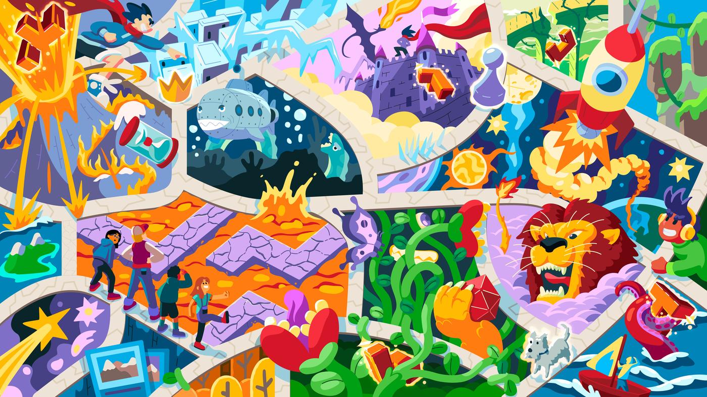 Kingdom Quest VBS 2026 theme art — adventure scenes including volcano, space, underwater, castle, and lion